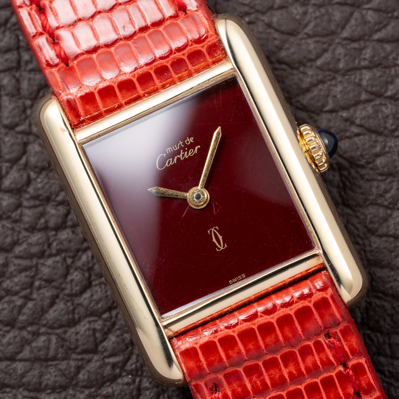 Cartier Tank Must de Burgundy Red Dial Vermeil PM 1980s