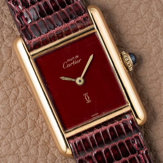 Cartier Must de Tank Vermeil Burgundy Red Dial PM 1980s