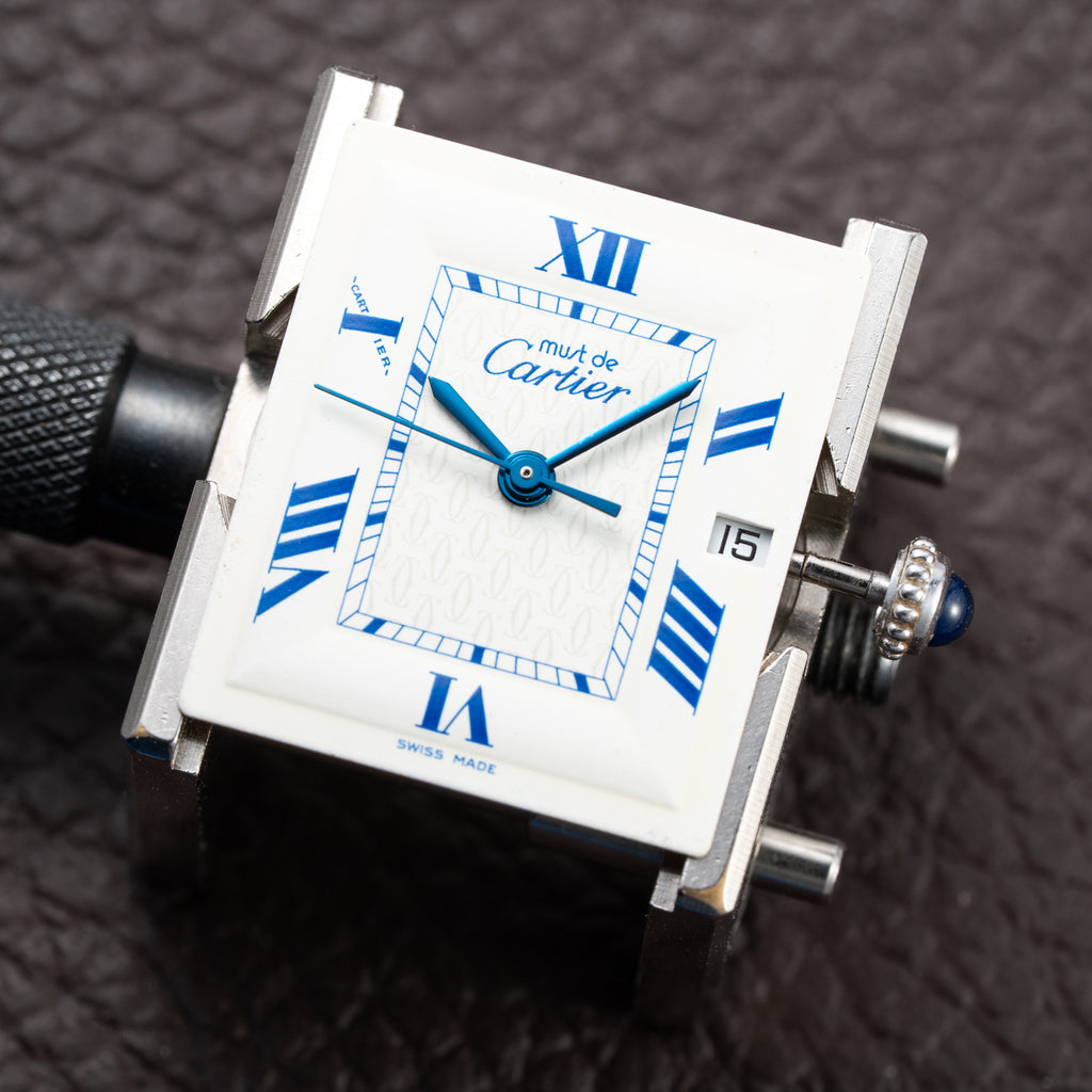 Cartier Tank Must de White Blue Roman Dial Large GM 925 Silver Ref. 2414 from 2000s