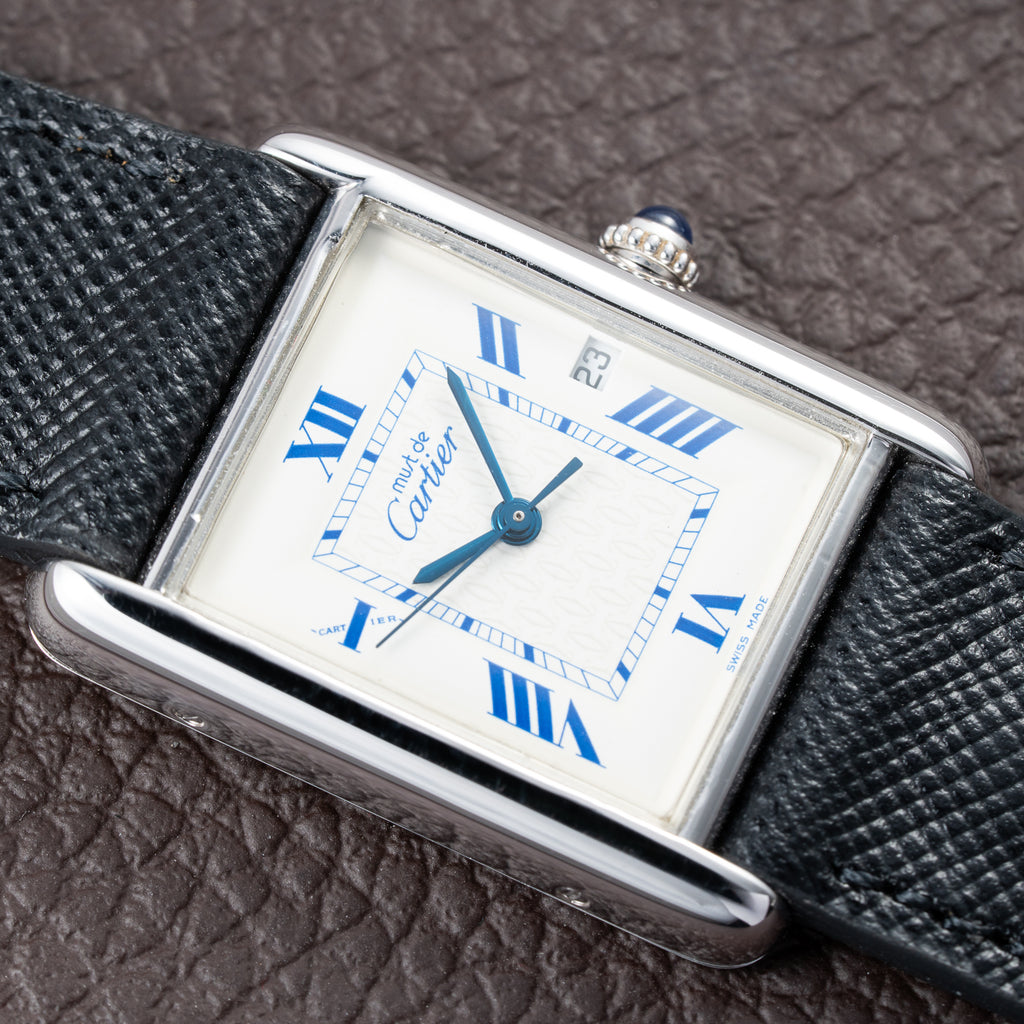 Cartier Tank Must de White Blue Roman Dial Large GM 925 Silver Ref. 2414 from 2000s