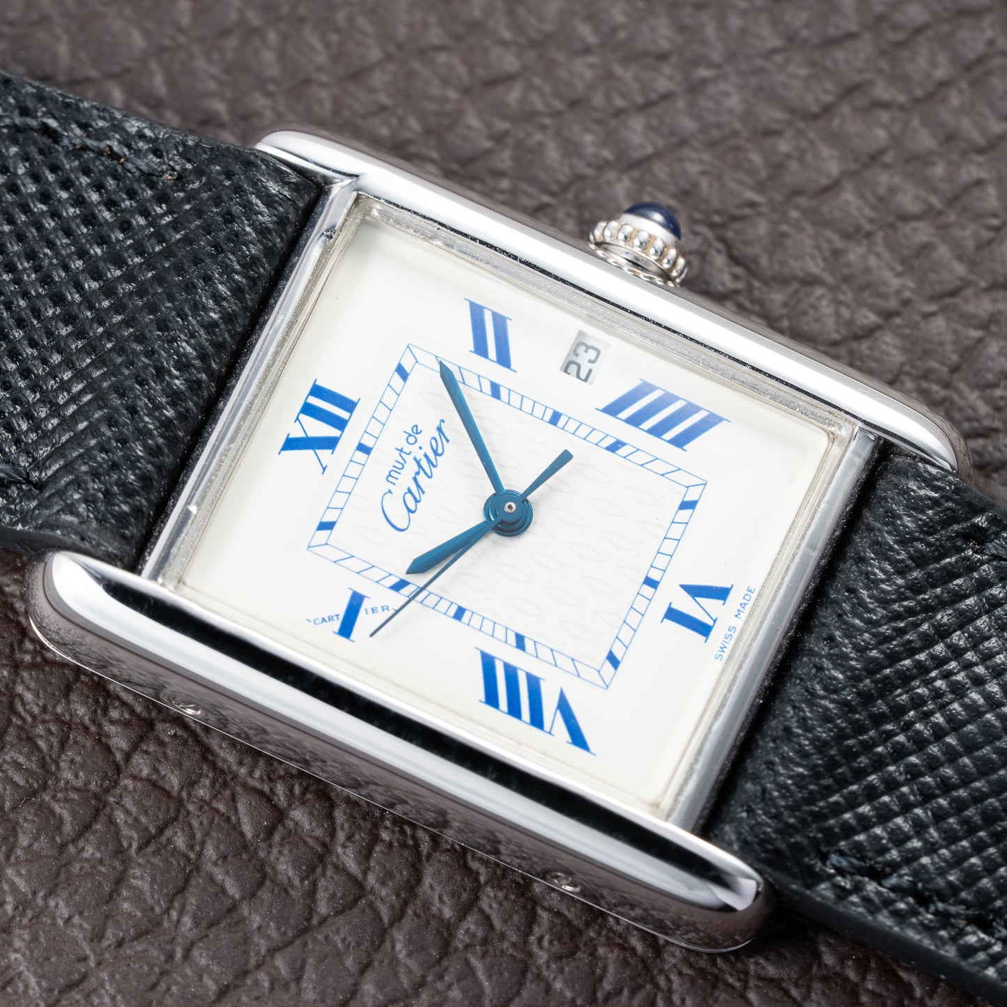 Cartier Tank Must de White Blue Roman Dial Large GM 925 Silver Ref. 2414 from 2000s