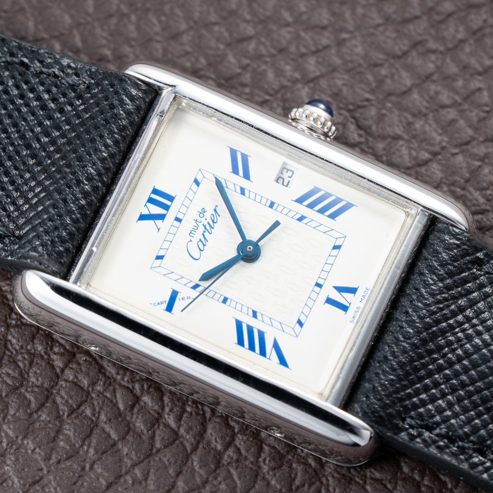 Cartier Tank Must de White Blue Roman Dial Large GM 925 Silver Ref. 2414 from 2000s