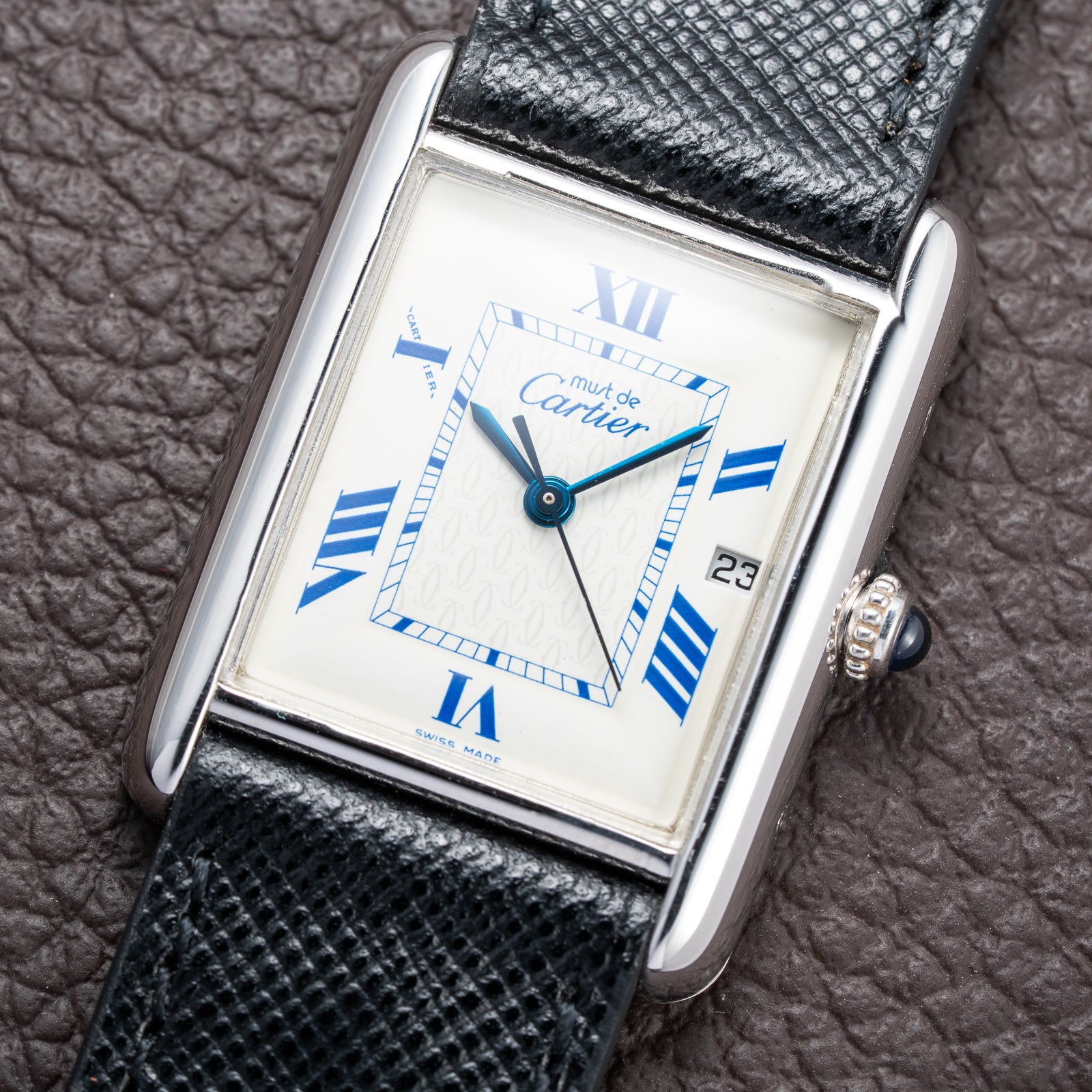 Cartier Tank Must de White Blue Roman Dial Large GM 925 Silver Ref. 2414 from 2000s