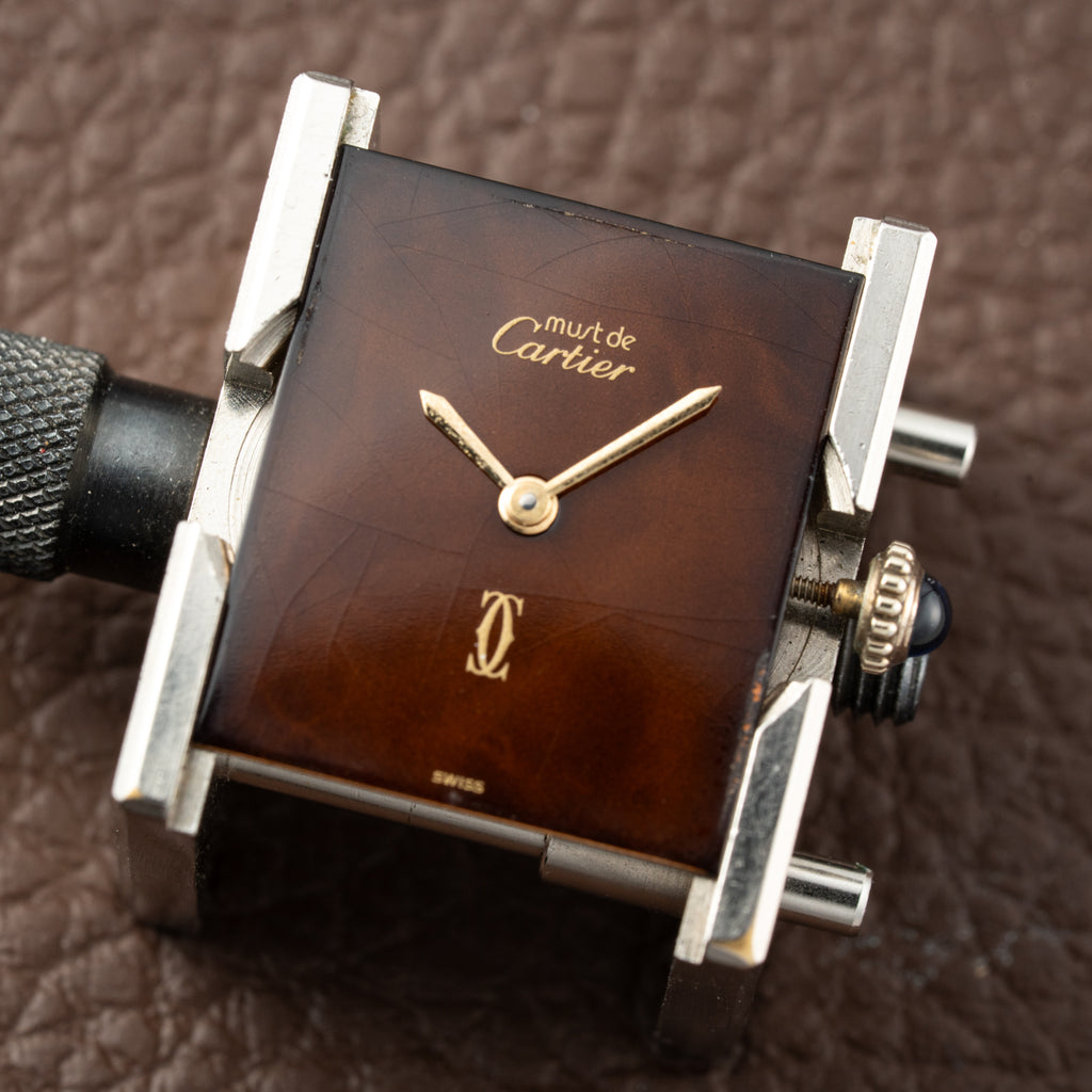Cartier Tank Must de Vermeil ‘Turtle Shell’ Brown Wood Dial GM 1980s