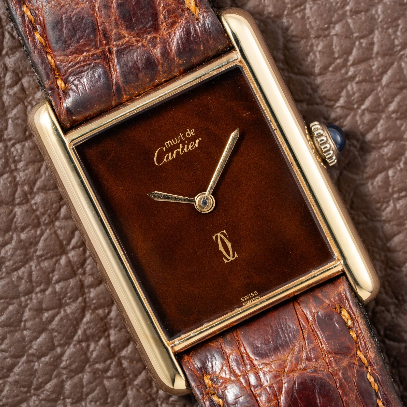 Cartier Tank Must de Vermeil ‘Turtle Shell’ Brown Wood Dial GM 1980s
