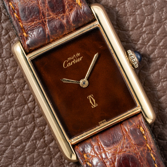 Cartier Tank Must de Vermeil ‘Turtle Shell’ Brown Wood Dial GM 1980s