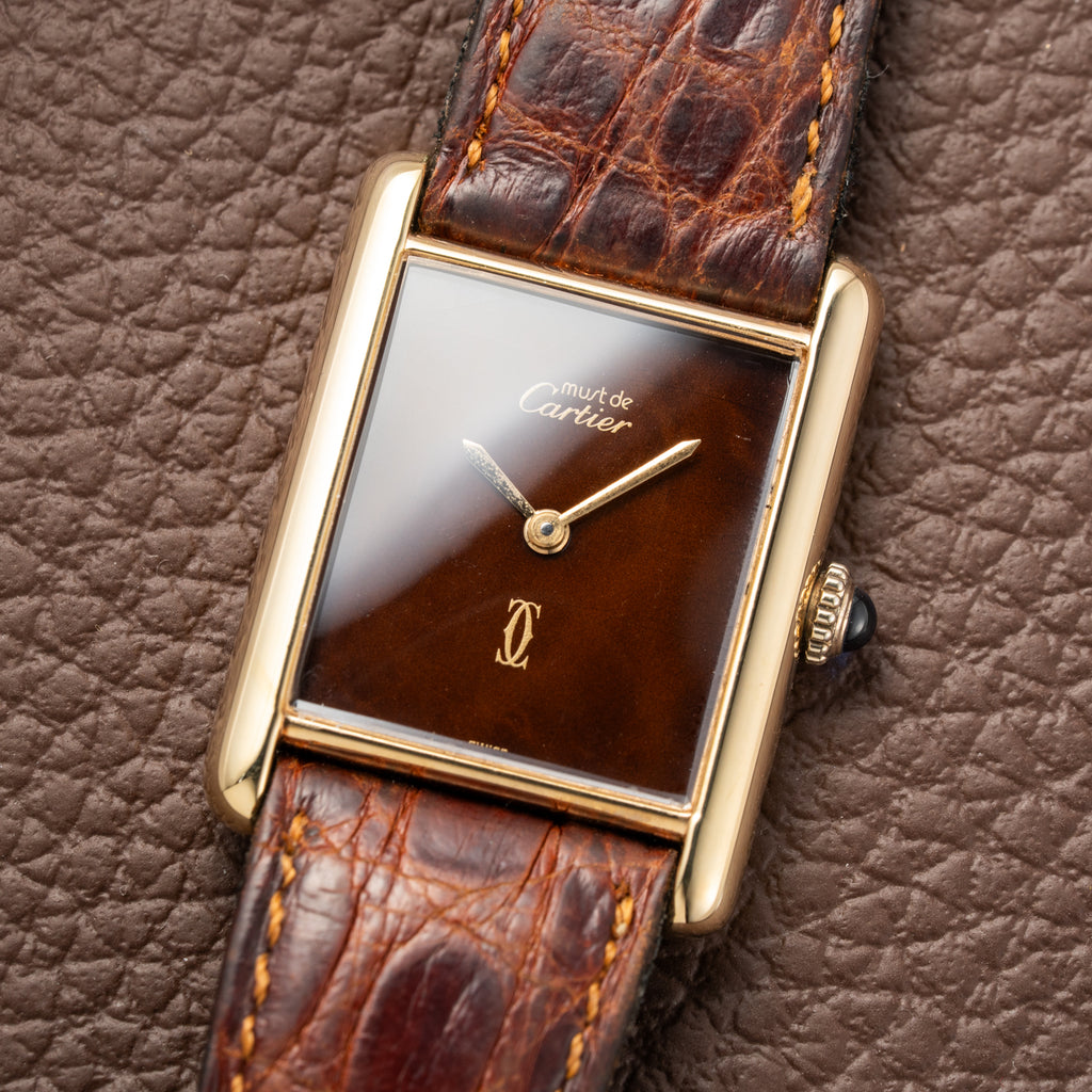 Cartier Tank Must de Vermeil ‘Turtle Shell’ Brown Wood Dial GM 1980s