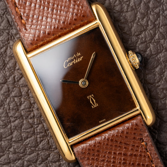 Cartier Tank Must de Vermeil ‘Turtle Shell’ Brown Wood Chocolate Dial GM from 1980s