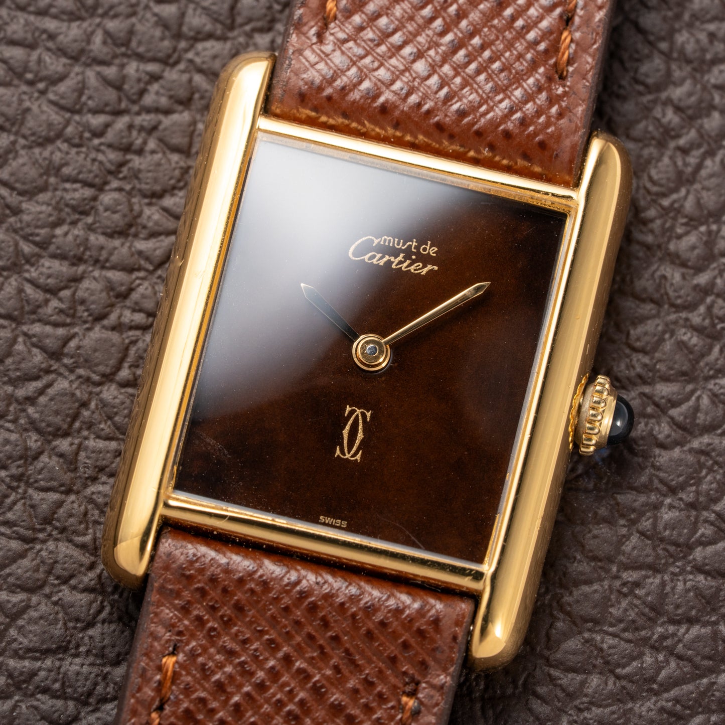 Cartier Tank Must de Vermeil ‘Turtle Shell’ Brown Wood Chocolate Dial GM from 1980s