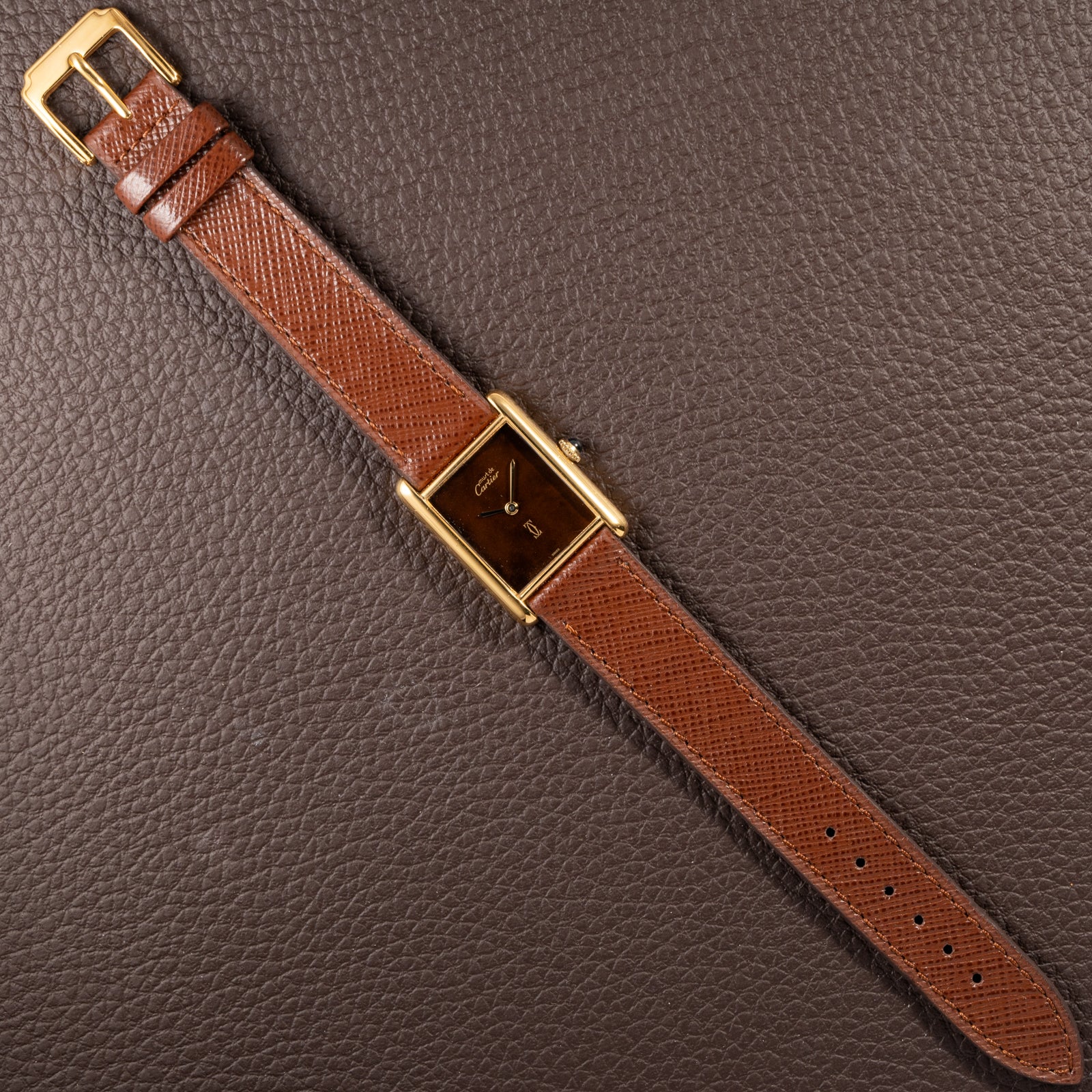 Cartier Tank Must de Vermeil ‘Turtle Shell’ Brown Wood Chocolate Dial GM from 1980s