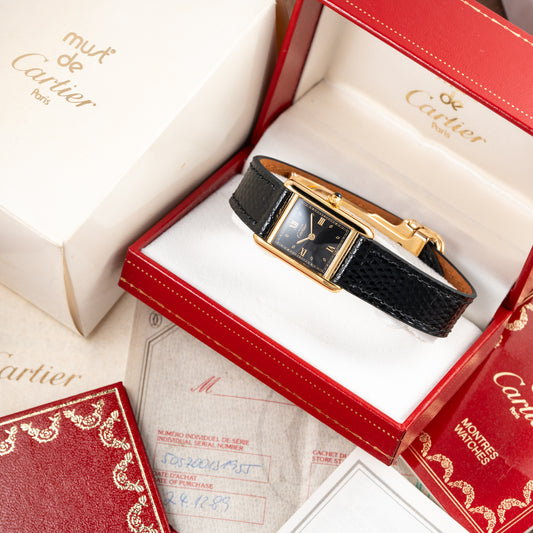 Cartier Tank Must de Vermeil Art Deco Black Dial Full Set Ref 5057001 from 1989