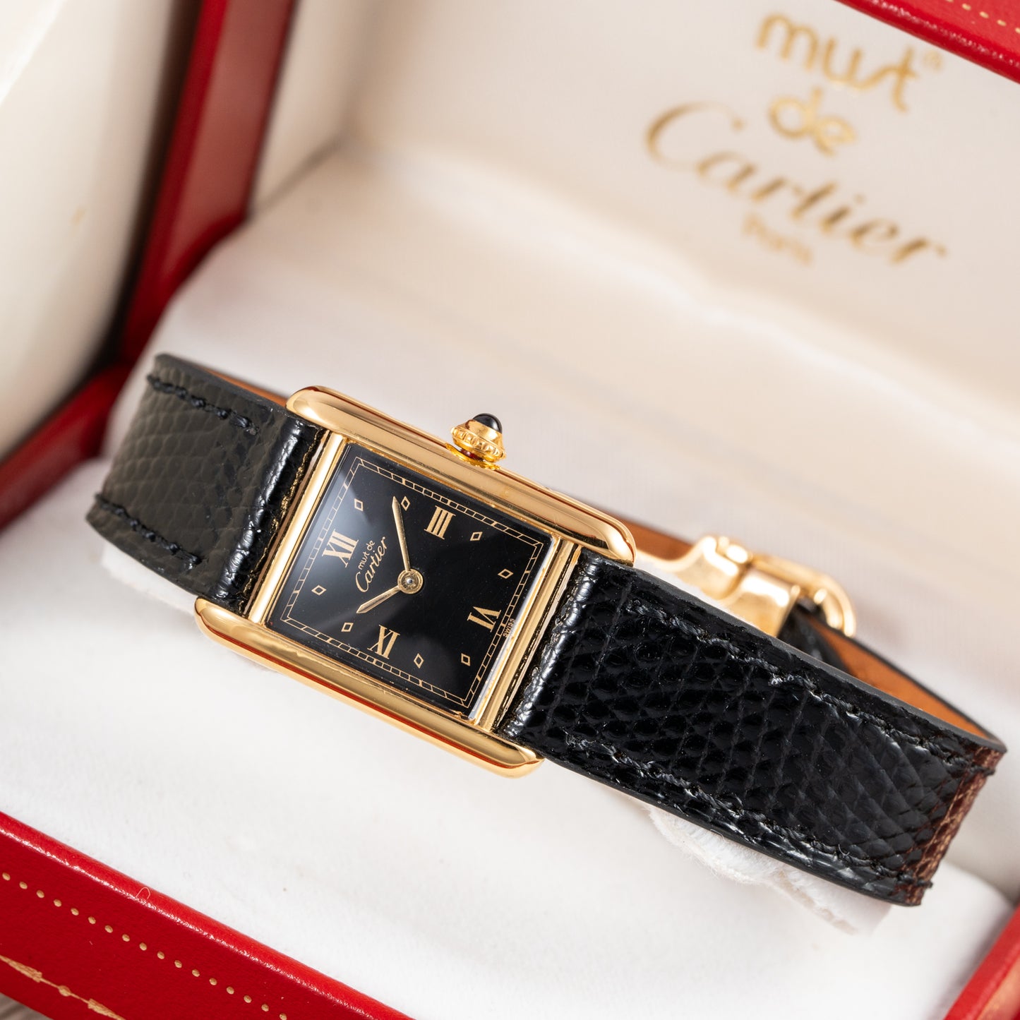 Cartier Tank Must de Vermeil Art Deco Black Dial Full Set Ref 5057001 from 1989