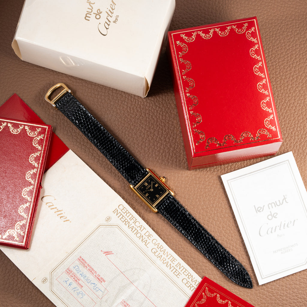 Cartier Tank Must de Vermeil Art Deco Black Dial Full Set Ref 5057001 from 1989