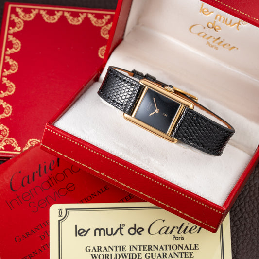 Cartier Tank Must de Black 'Onyx' Dial Vermeil PM Full Set from 1980