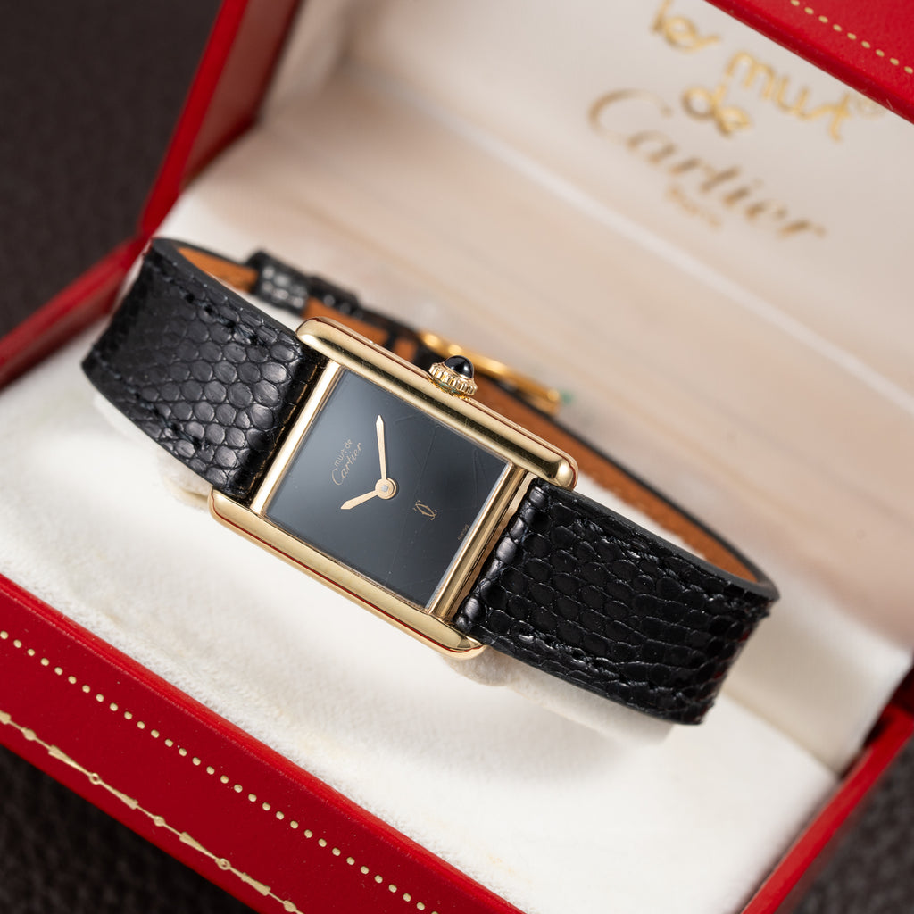 Cartier Tank Must de Black Dial Vermeil PM Full Set from 1997