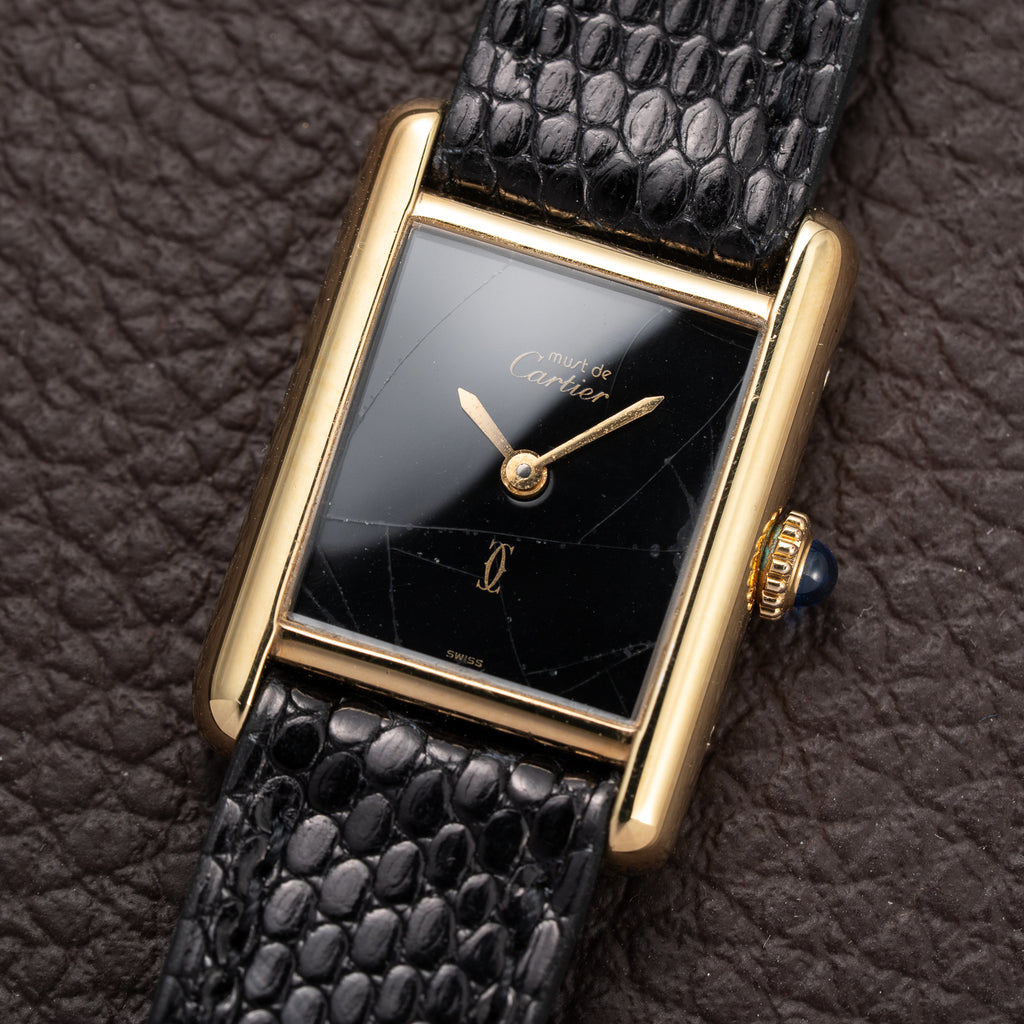 Cartier Tank Must de Black Dial Vermeil PM Full Set from 1997