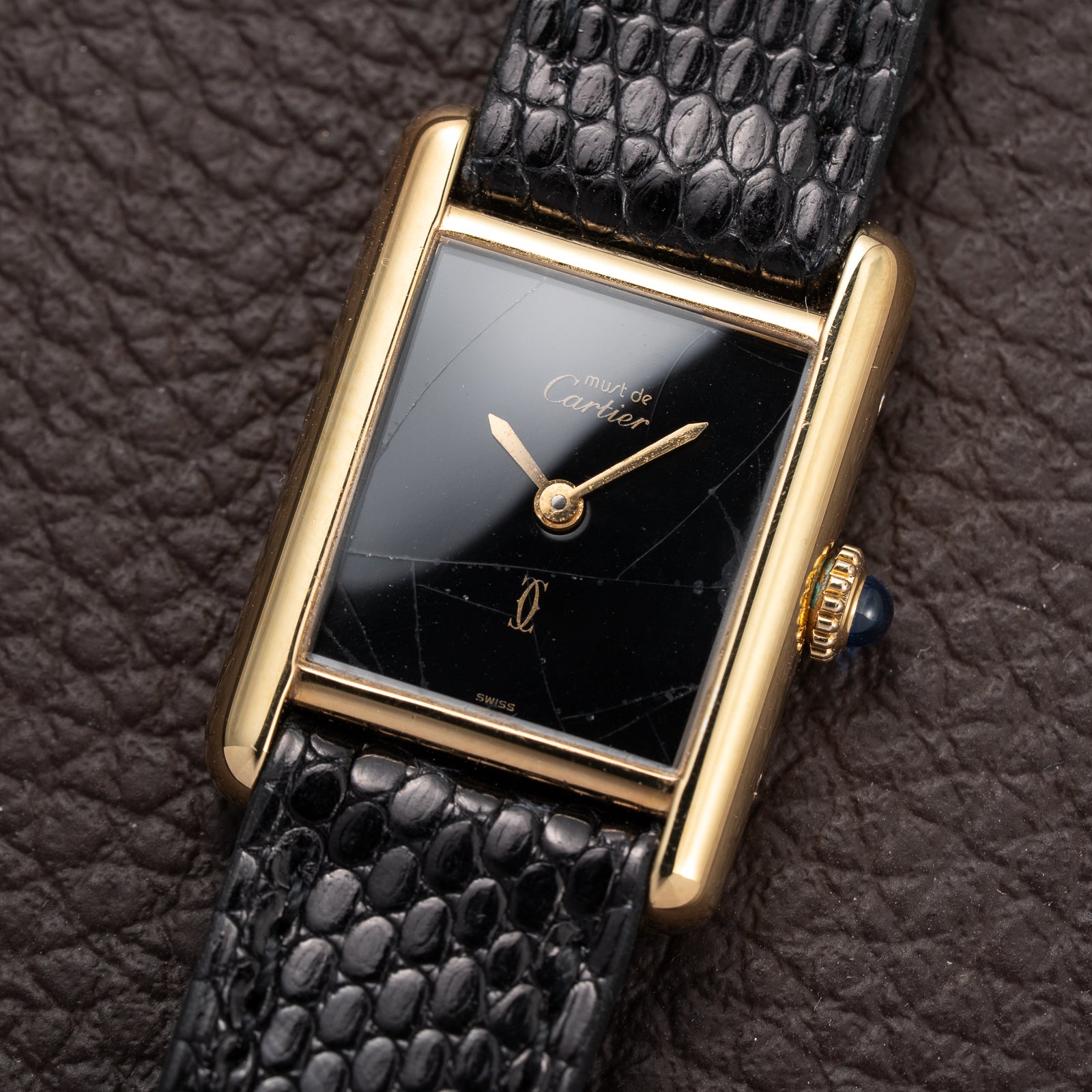 Cartier Tank Must de Black Dial Vermeil PM Full Set from 1997