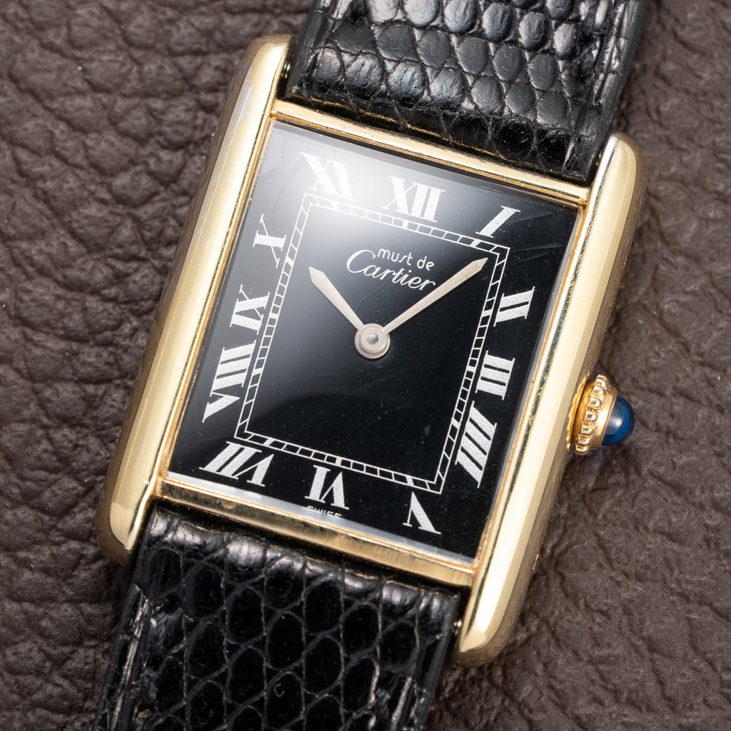Cartier Tank Must de Black Roman Vermeil GM from 1980s