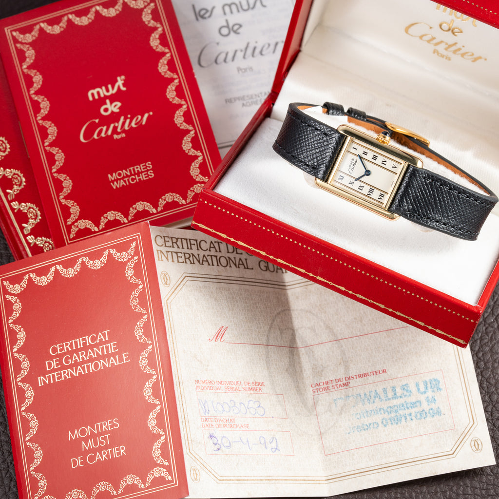 Cartier Tank Must de Vendôme Roman Ivory Column Dial Vermeil PM Full Set from 1992 Ref 5057001