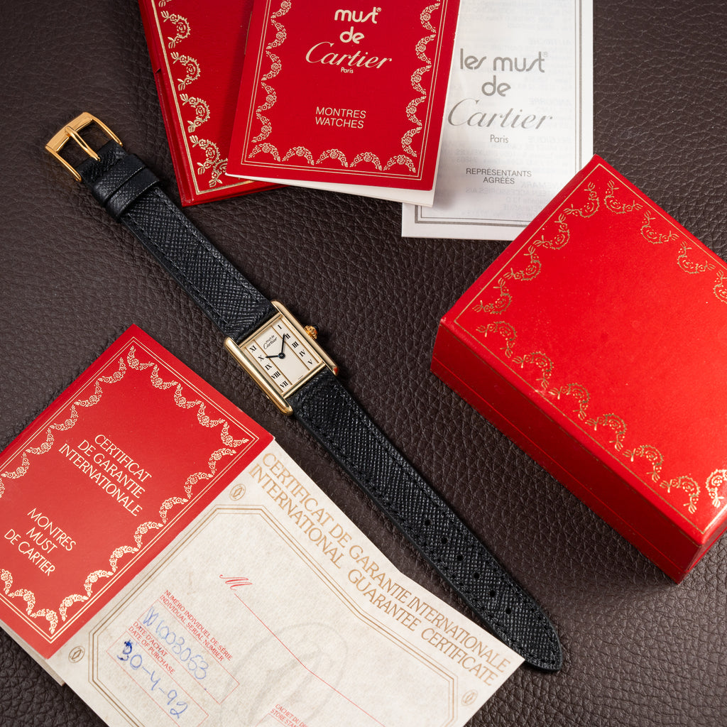 Cartier Tank Must de Vendôme Roman Ivory Column Dial Vermeil PM Full Set from 1992 Ref 5057001
