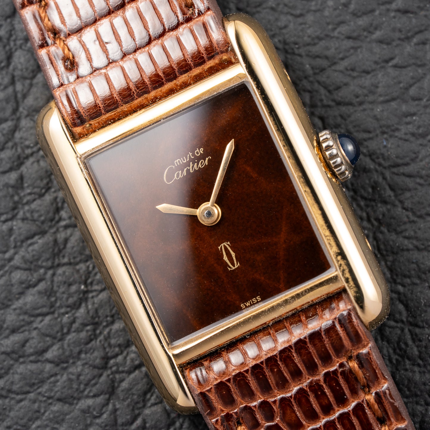 Cartier Tank Must de Vermeil ‘Turtle Shell’ Brown Wood Chocolate Dial PM 1980s