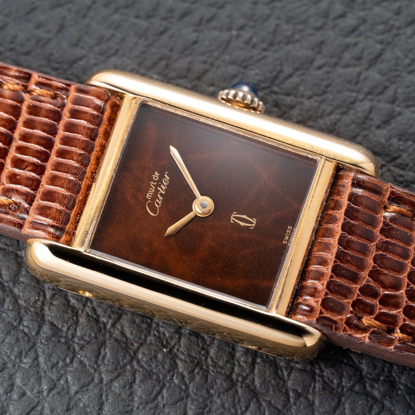Cartier Tank Must de Vermeil ‘Turtle Shell’ Brown Wood Chocolate Dial PM 1980s