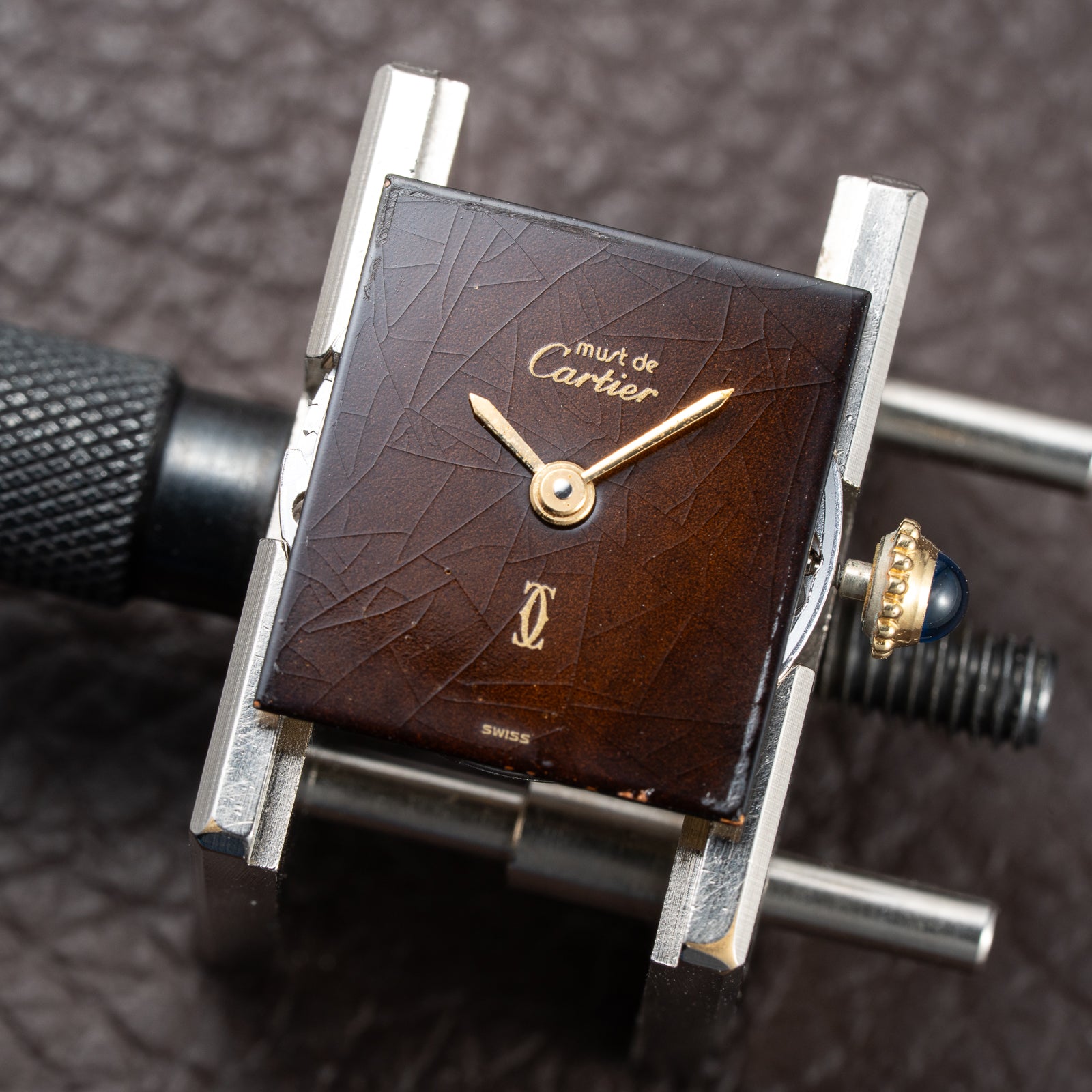 Cartier Tank Must de ‘Turtle Shell’ Brown Wood Dial Vermeil PM SM from 1980s