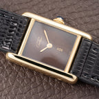 Cartier Tank Must de ‘Turtle Shell’ Brown Wood Dial Vermeil PM SM from 1980s