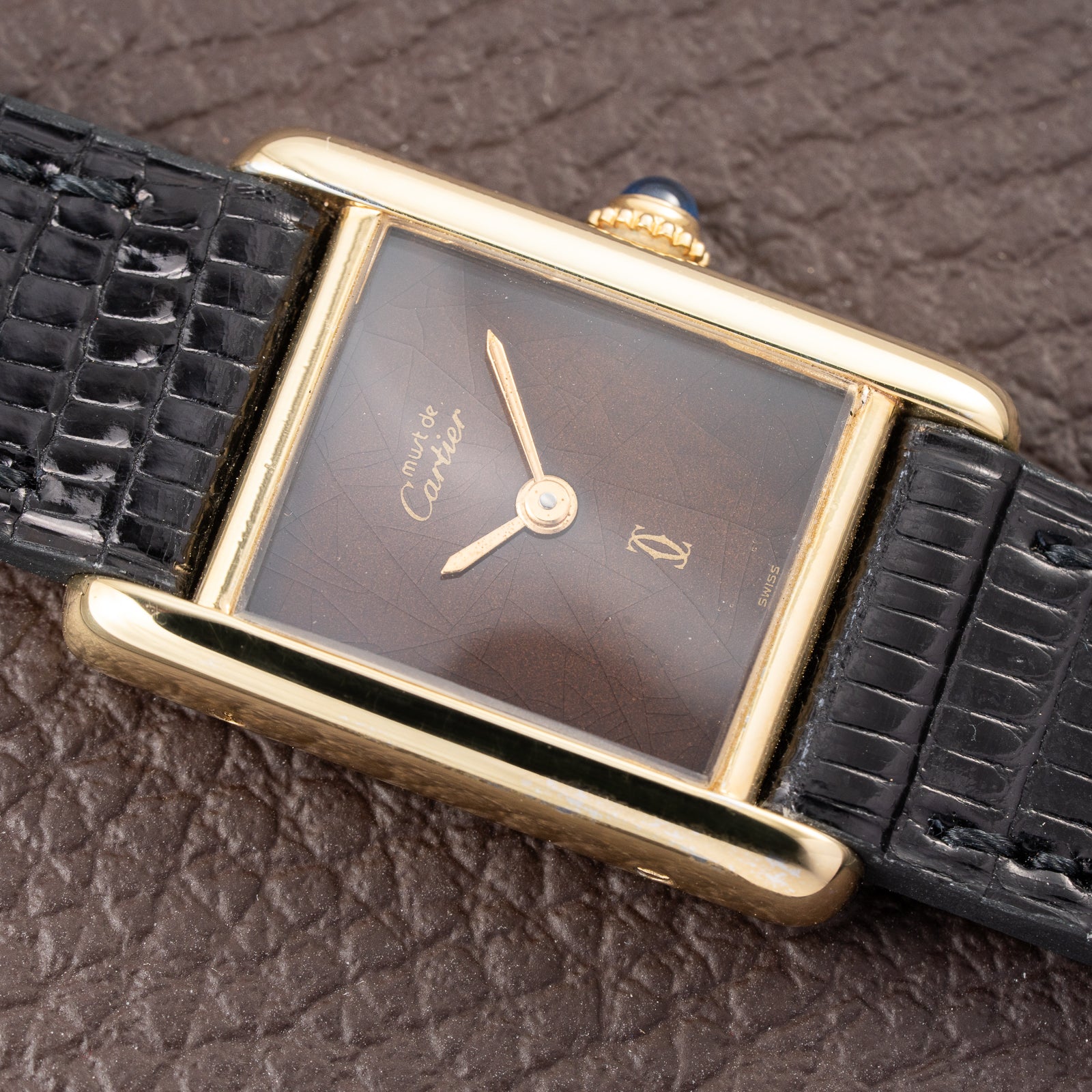 Cartier Tank Must de ‘Turtle Shell’ Brown Wood Dial Vermeil PM SM from 1980s