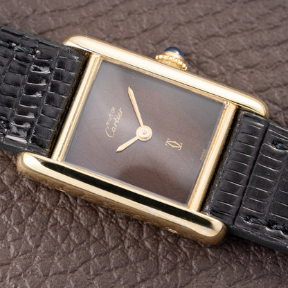 Cartier Tank Must de ‘Turtle Shell’ Brown Wood Dial Vermeil PM SM from 1980s