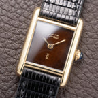 Cartier Tank Must de ‘Turtle Shell’ Brown Wood Dial Vermeil PM SM from 1980s