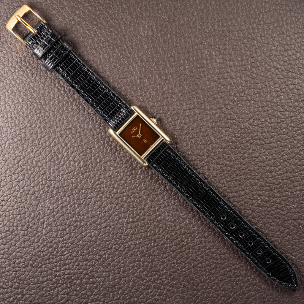 Cartier Tank Must de ‘Turtle Shell’ Brown Wood Dial Vermeil PM SM from 1980s