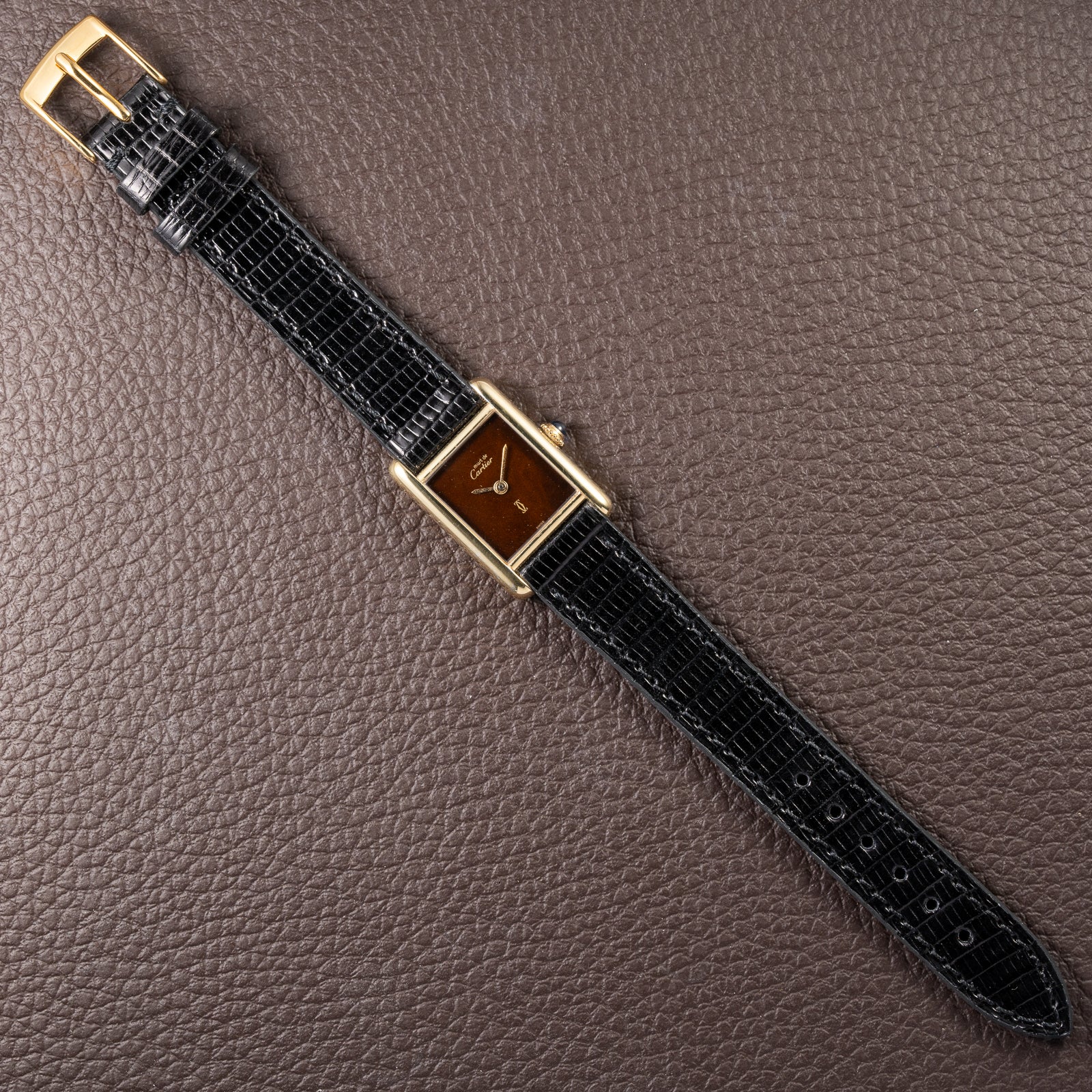 Cartier Tank Must de ‘Turtle Shell’ Brown Wood Dial Vermeil PM SM from 1980s