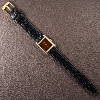 Cartier Tank Must de ‘Turtle Shell’ Brown Wood Dial Vermeil PM SM from 1980s