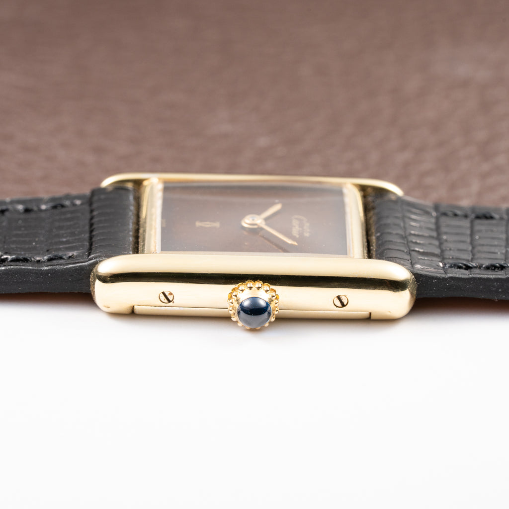 Cartier Tank Must de ‘Turtle Shell’ Brown Wood Dial Vermeil PM SM from 1980s