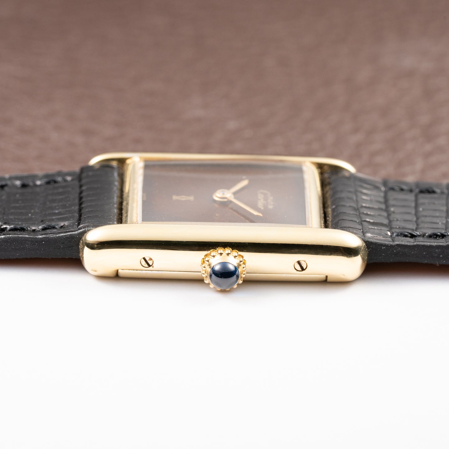 Cartier Tank Must de ‘Turtle Shell’ Brown Wood Dial Vermeil PM SM from 1980s