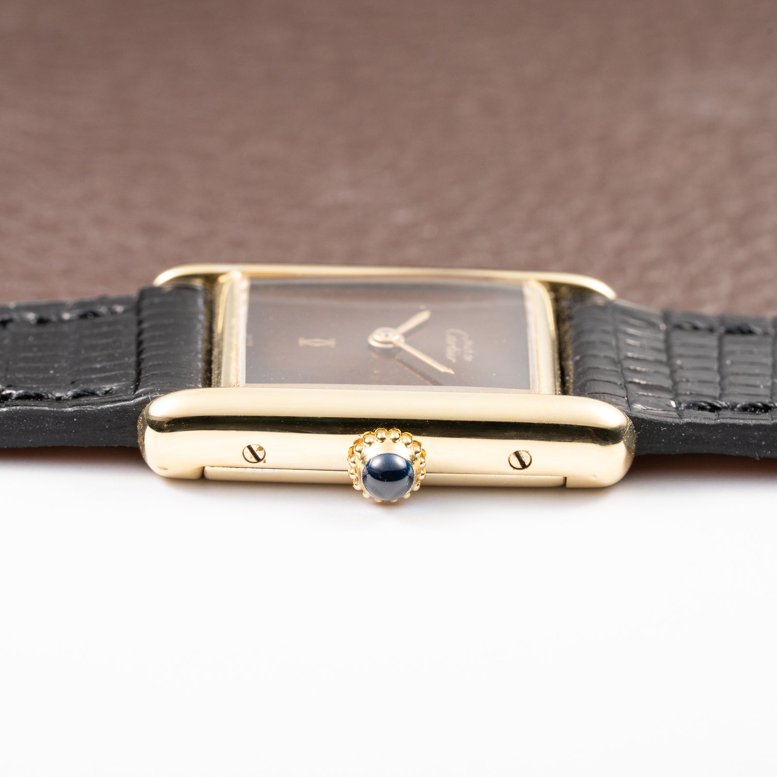 Cartier Tank Must de ‘Turtle Shell’ Brown Wood Dial Vermeil PM SM from 1980s