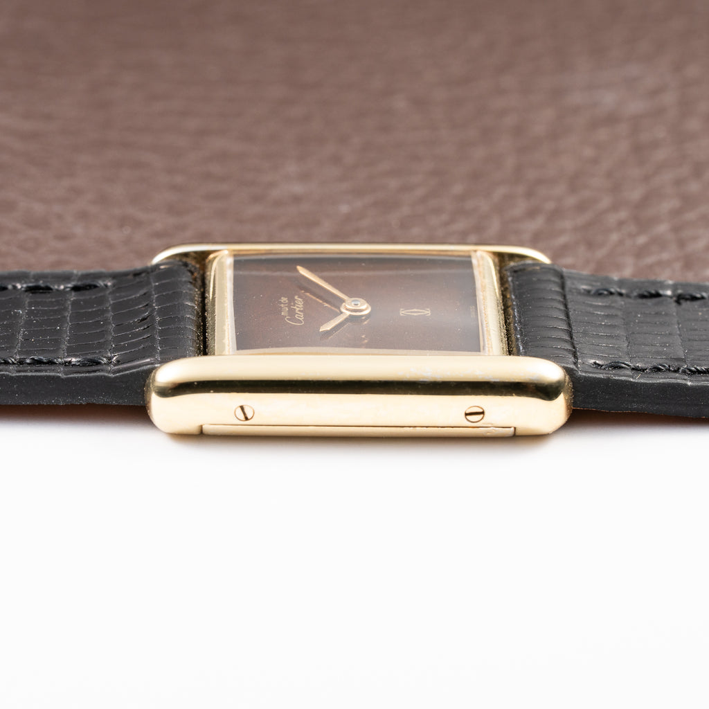 Cartier Tank Must de ‘Turtle Shell’ Brown Wood Dial Vermeil PM SM from 1980s