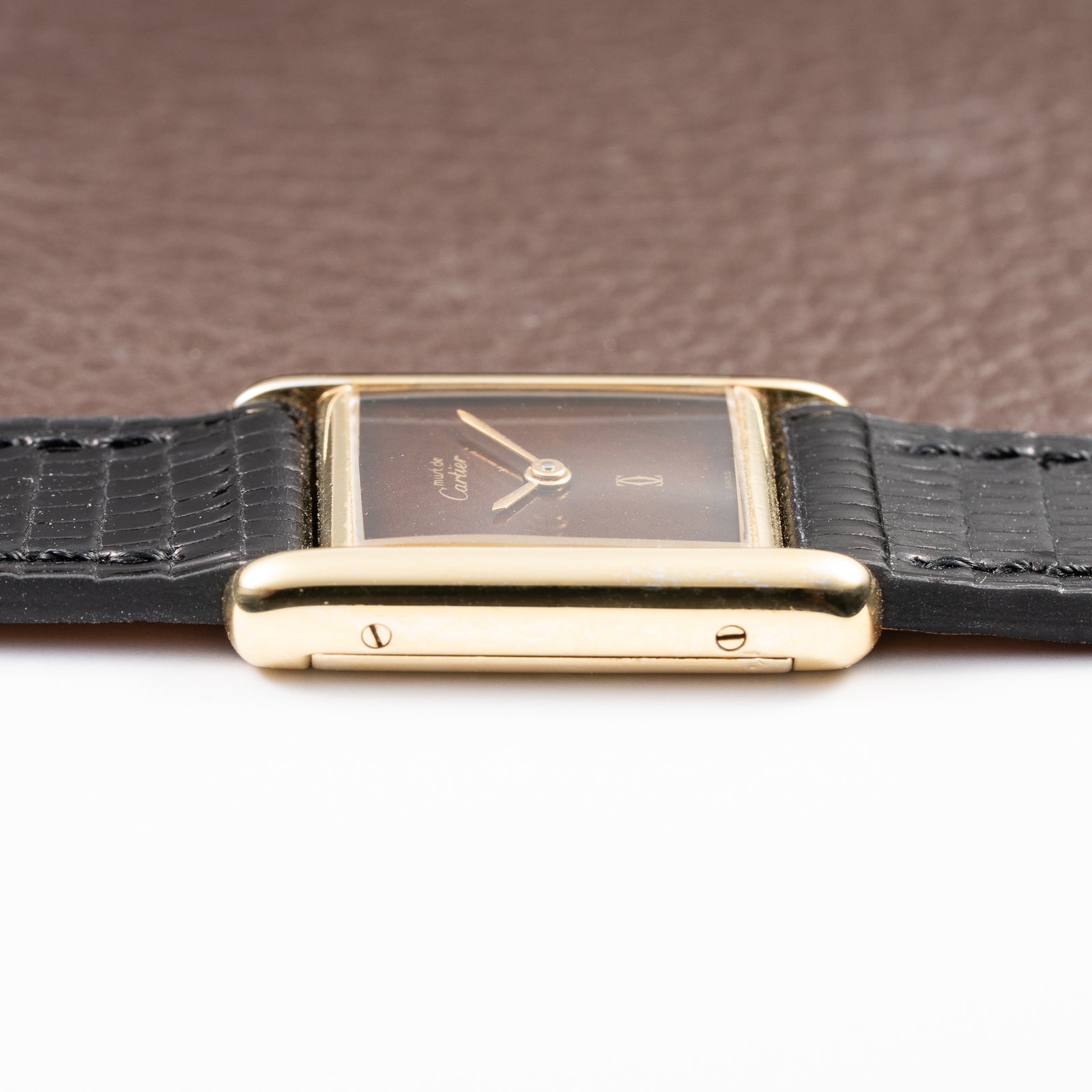 Cartier Tank Must de ‘Turtle Shell’ Brown Wood Dial Vermeil PM SM from 1980s