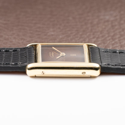Cartier Tank Must de ‘Turtle Shell’ Brown Wood Dial Vermeil PM SM from 1980s