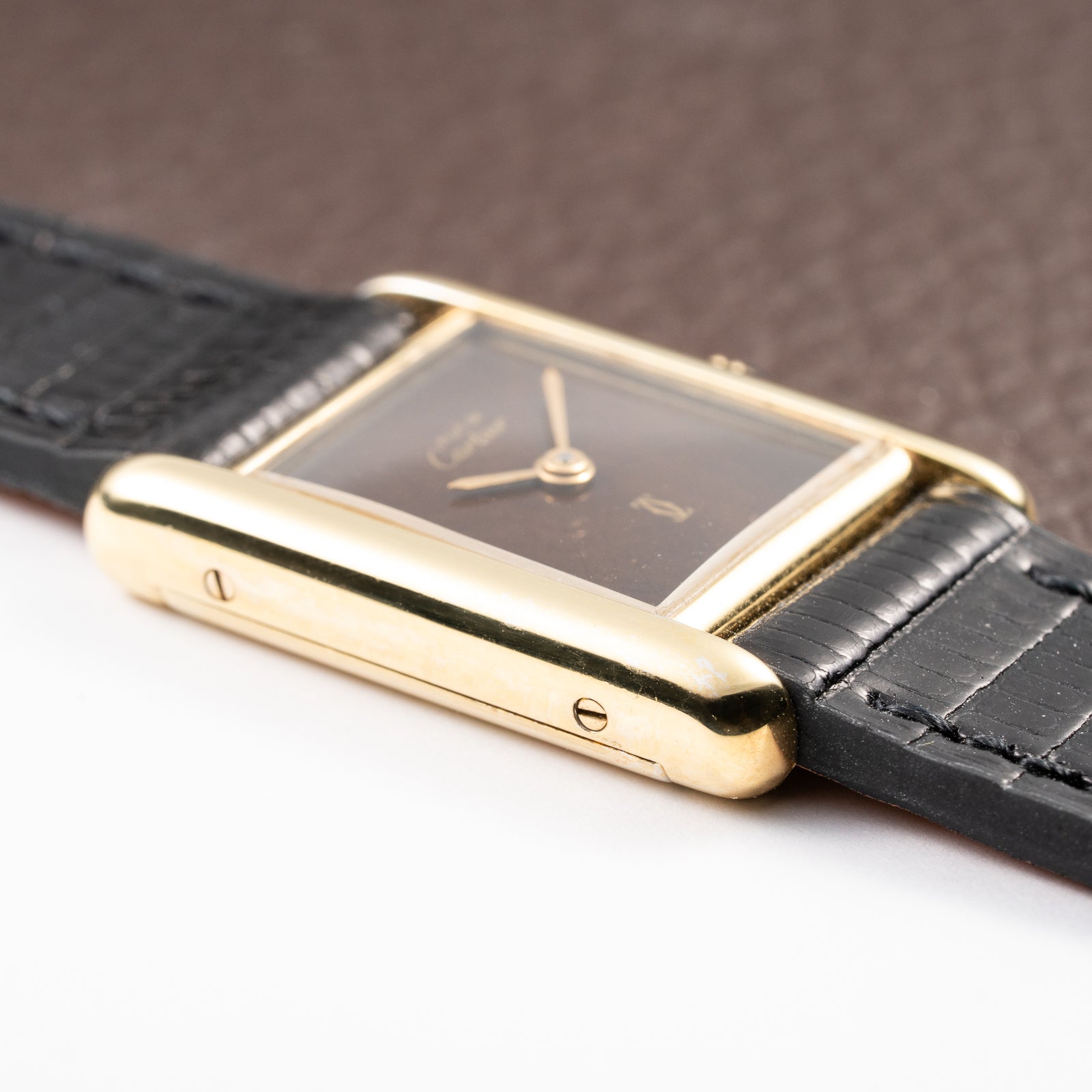 Cartier Tank Must de ‘Turtle Shell’ Brown Wood Dial Vermeil PM SM from 1980s
