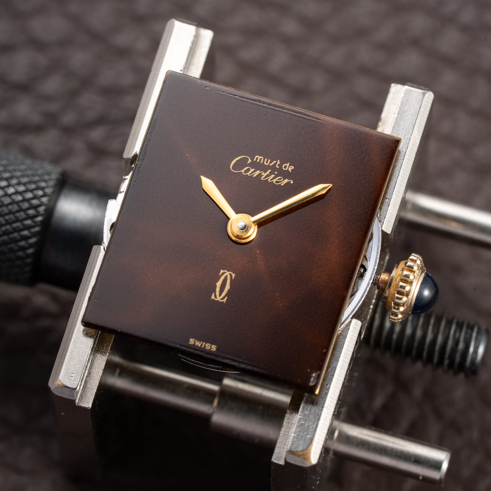 Cartier Tank Must de ‘Turtle Shell’ Brown Wood Dial Vermeil PM from 1980s