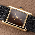Cartier Tank Must de ‘Turtle Shell’ Brown Wood Dial Vermeil PM from 1980s