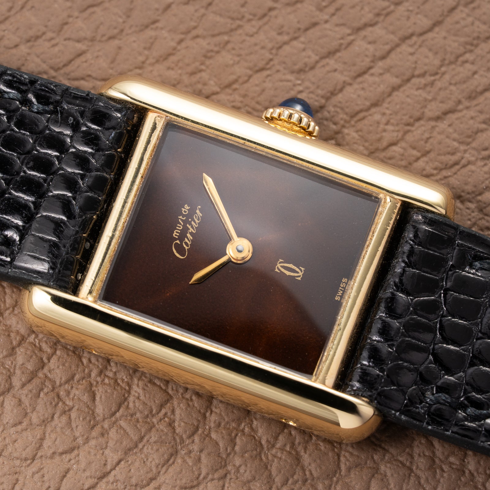 Cartier Tank Must de ‘Turtle Shell’ Brown Wood Dial Vermeil PM from 1980s