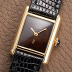 Cartier Tank Must de ‘Turtle Shell’ Brown Wood Dial Vermeil PM from 1980s
