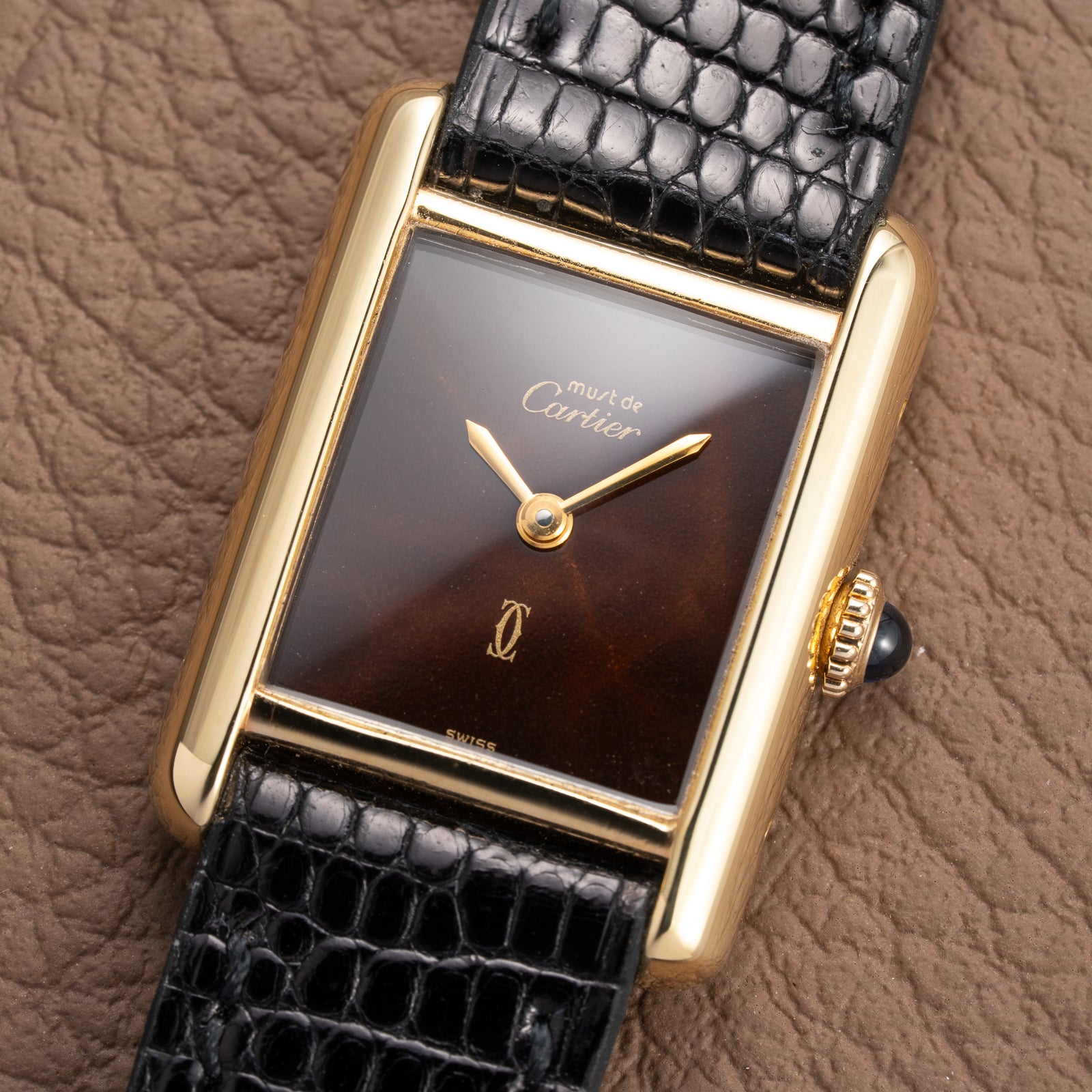 Cartier Tank Must de ‘Turtle Shell’ Brown Wood Dial Vermeil PM from 1980s