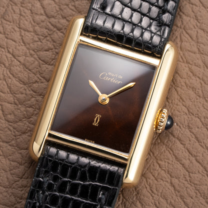 Cartier Tank Must de ‘Turtle Shell’ Brown Wood Dial Vermeil PM from 1980s