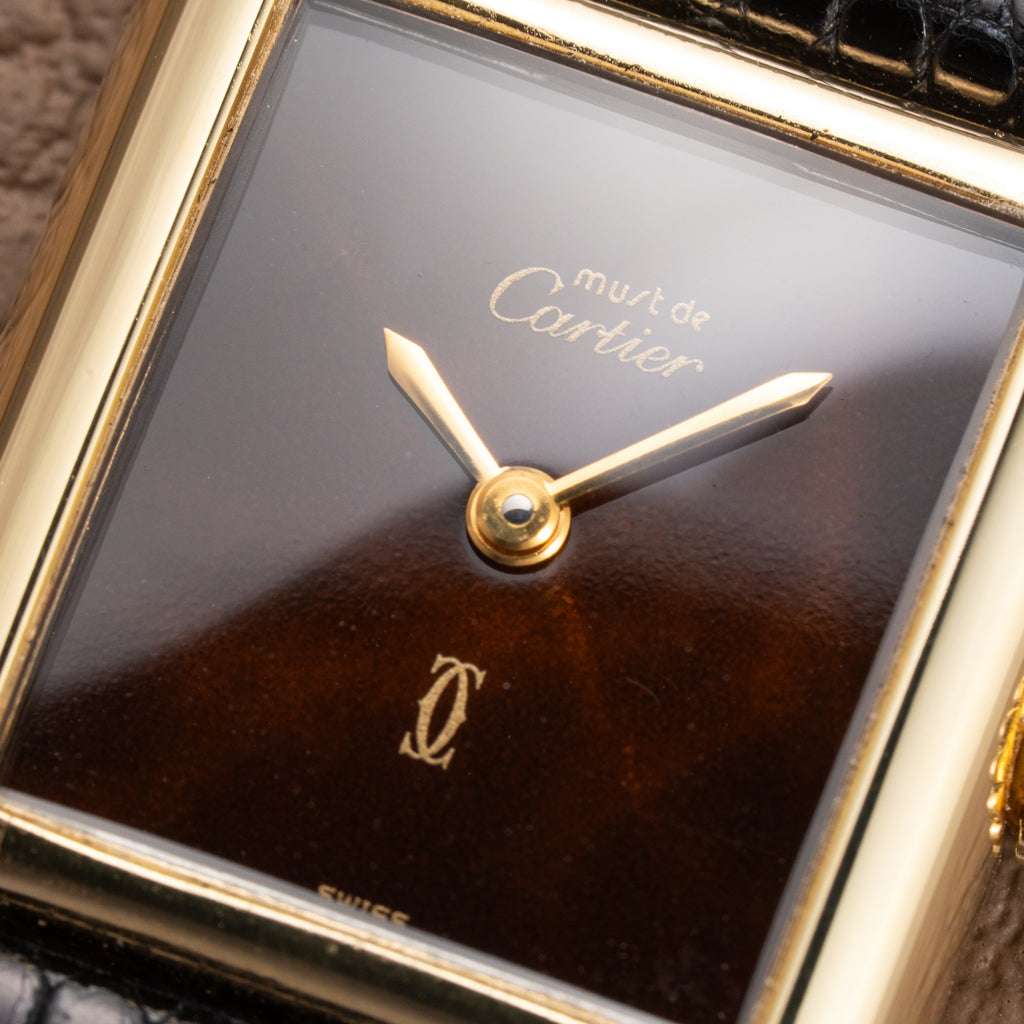 Cartier Tank Must de ‘Turtle Shell’ Brown Wood Dial Vermeil PM from 1980s
