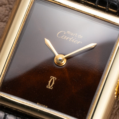 Cartier Tank Must de ‘Turtle Shell’ Brown Wood Dial Vermeil PM from 1980s