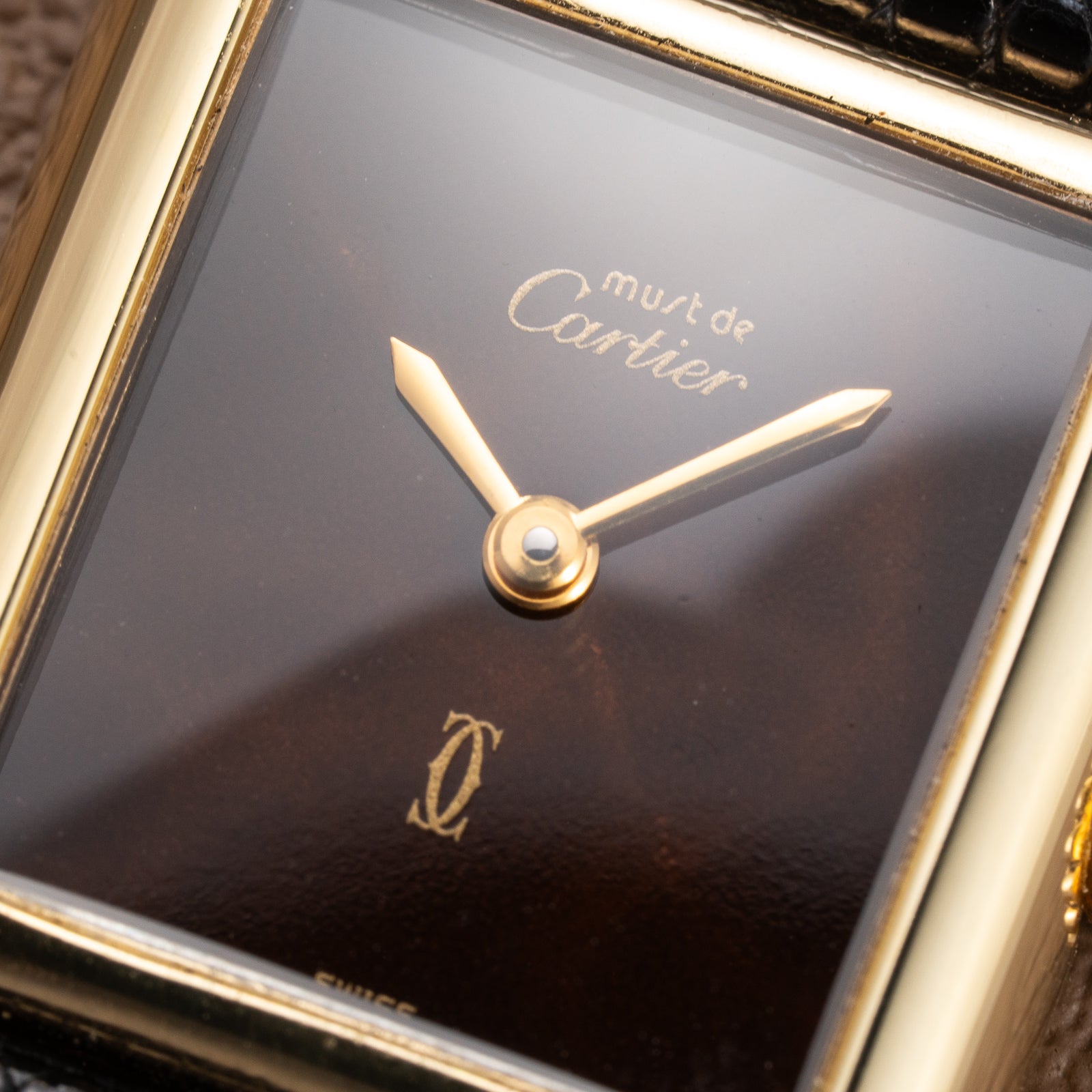 Cartier Tank Must de ‘Turtle Shell’ Brown Wood Dial Vermeil PM from 1980s